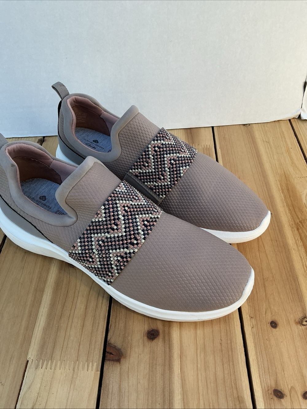 Clarks Taupe Slip-On Sneakers with Beaded Chevron Strap